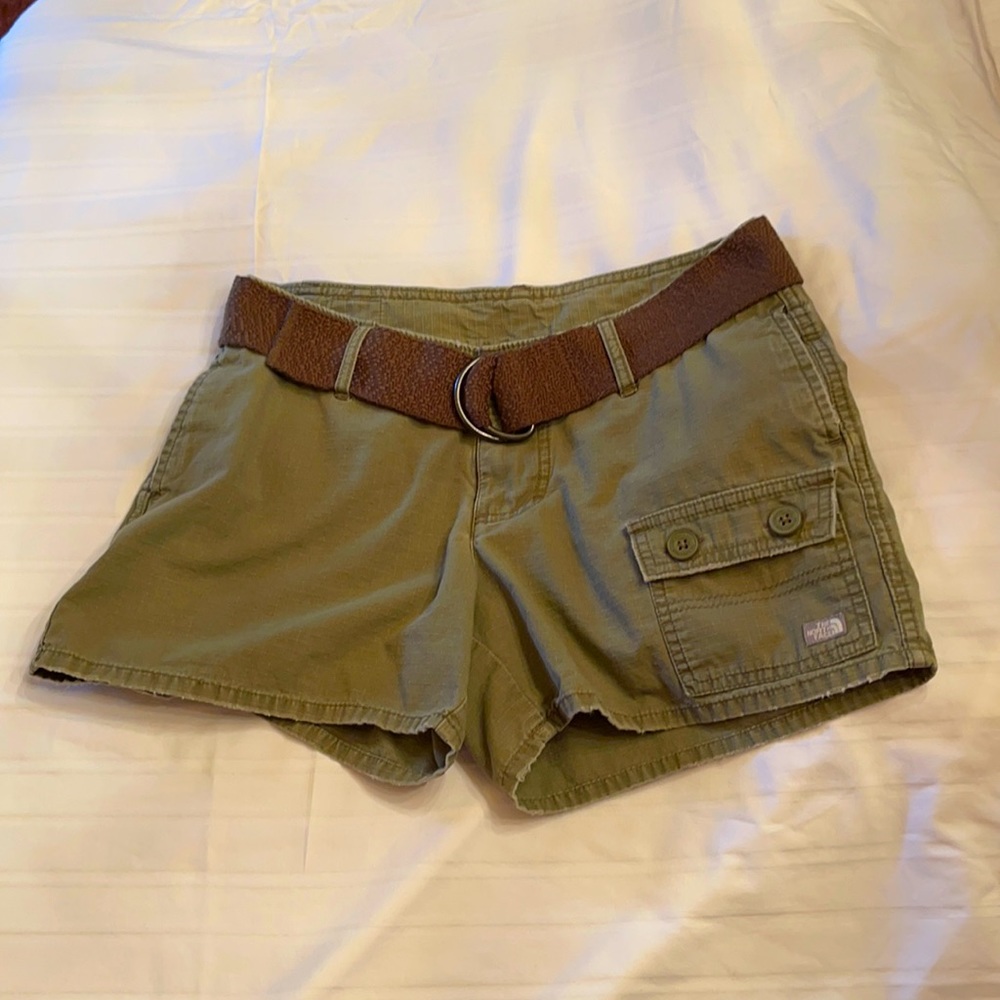 The North Face olive green shorts with ~4” inseam.